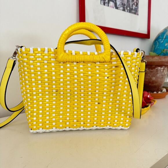 Urban Expression Mallorca Tote Yellow White Basket Weave Canvas Lined - Picture 2 of 14